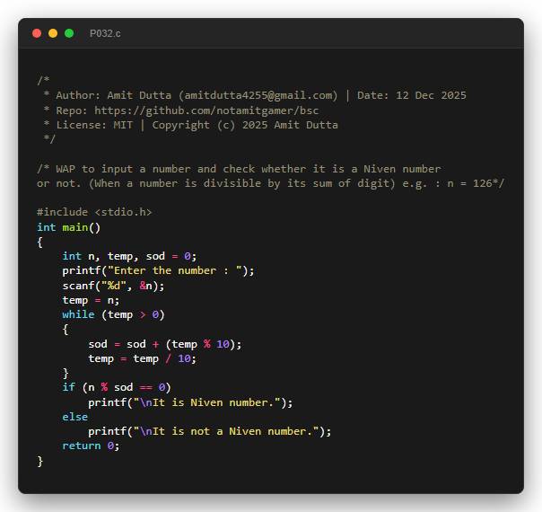 WAP to input a number and check whether it is a Niven number or not. (When a number is divisible by its sum of digit) e.g. : n = 126